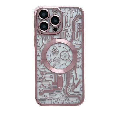 China Shockproof New circuit board electroplated magnetic suction phone case suitable for iPhone 15/14/13/12/11 ProMAX built-in lens film for sale