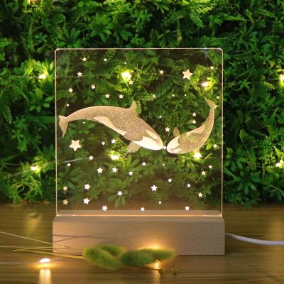 China Eco-Friendly New Design For Kid Acrylic Carved Inside Wooden 3D Night Light LED Base With USB Charging Mood Lamp for sale