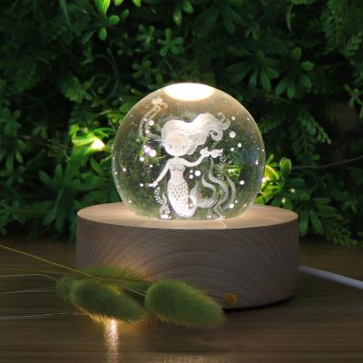 China Modern Amazon Style LED Light Wood Base Crystal Night Light Bedroom Light For Home Decor for sale