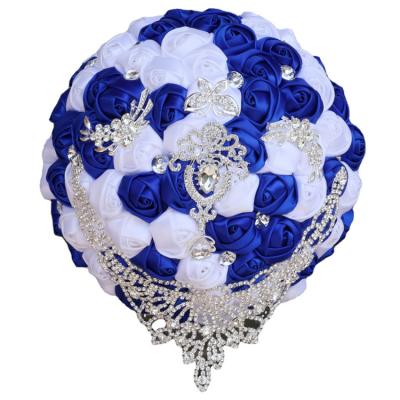 China Wedding Party Event Decoration Luxury Handmade Artificial Silk Rose With Satin Ribbon Hand Attendance Bridal Flower Crystal Bouquets For Brides Wedding for sale