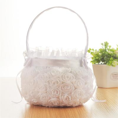 China Wedding Party Event Decoration Wholesale Cute Lace White Rose Flower Girl Bride Small Artificial Flower Basket for sale