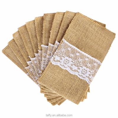 China Tabletop Bridal Wedding Party Decor Burlap Silverware Holder Natural Cutlery Pouch Bag for sale