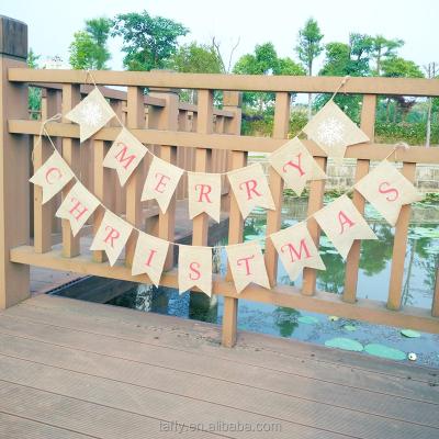 China 2017 New Vintage Rustic Hessian Hanging Bunting Banner Wholesale Vintage Burlap Decor Merry Christmas Flags for sale