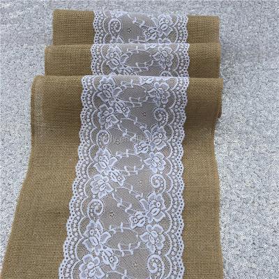 China 2017 New Romantic Wedding Rustic Natural Hessian Burlap Lace Table Runner Tablecloth for sale