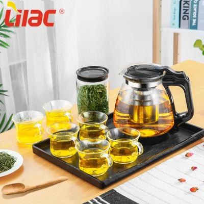 China Sufficient Stock Lilac Lilac Chinese Kung Fu A Wood Tray And Glass Tea Pot 1700ml + 160ml*6 Set With Filter Nozzle for sale