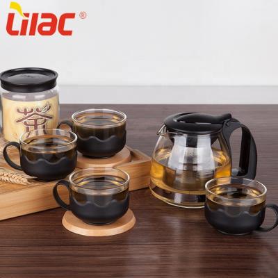 China Viable Lilac Sufficient Stock Teapot 700ml+150ml*4 Set Small Hot Water Brew Coffee Glass Cup And Water Tea Set With Gift Box for sale