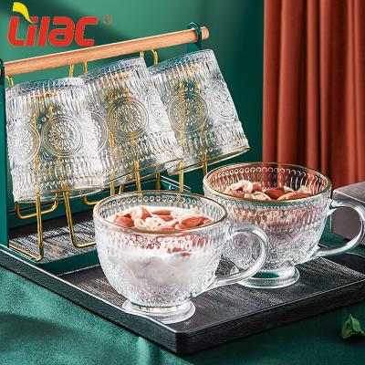 China Lilac Sufficient Stock Viable 420ml / 300ml Emboss Design Gold Rim Transparent Glass Mug / Cup for sale