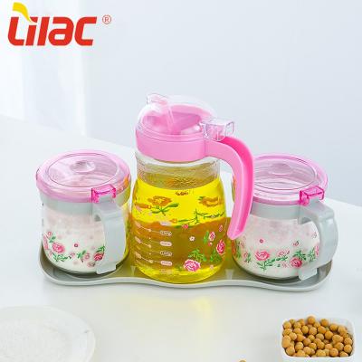 China Lilac Kitchen Stock Vinegar Freshness Retaining Sufficient Dispensing Condiment Sets Olive Oil Glass Dispenser Bottle Set Cooking Oil Condiment Containers for sale