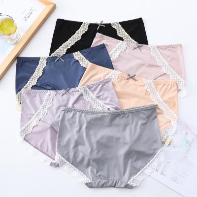 China Anti-Bacterial Breathable ice silk underwear for women Large size quick drying sexy lace bow fat mm facial mask Briefs fattening for sale