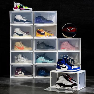 China Transparent Stackable Magnetic Sneaker Shoe Show Box Drop Front Display Viable Collapsible Shoe Cases PP for sale