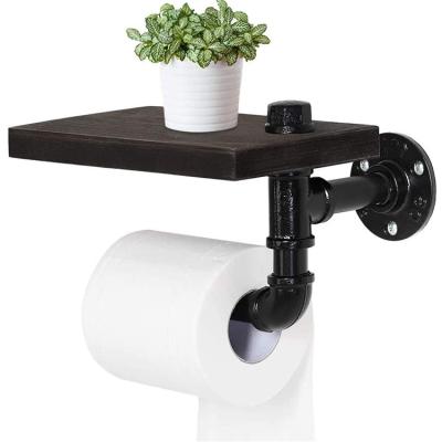 China Modern Bathroom Wall Mounted Industrial Pipe Toilet Paper Roll Holder With Phone Wooden Storage Floating Shelf for sale