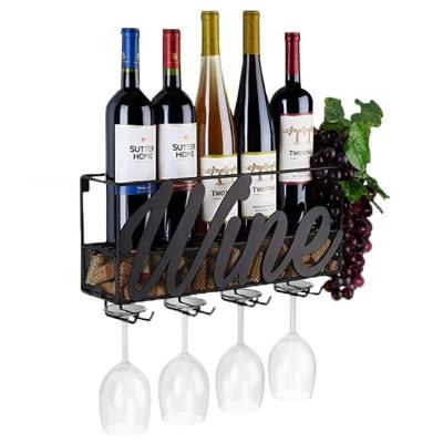 China Viable Wall Mounted Wine Champagne Display Storage Rack Bottle Glass Rack Shelves with Cork Storage and Stemware Hanger for sale