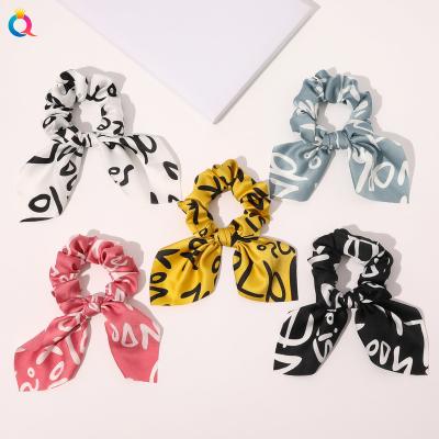 China New Fashion Qiyue Women Hair Decoration Hair Tie Letter Custom Name Profile Printed Silk Satin Bunny Ear Scrunchies for sale