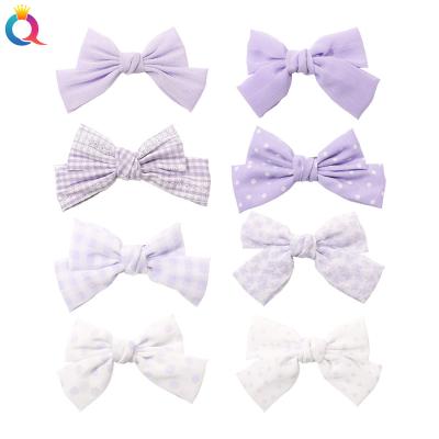 China Hair Decoration QIYUE Fashion Purple Series Soft Bow Hair Grips For Girls Hot Sale Fabric Chiffon Satin Mash Yarn Hair Bow With Clip for sale