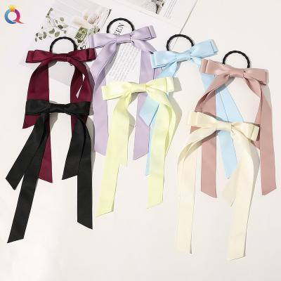 China QIYUE Hair Decoration High Grade Elastic Ribbon Hair Tie With Bow Elegant Women Fashion Long Scarf Bow Scrunchies Bands Hair Bow for sale