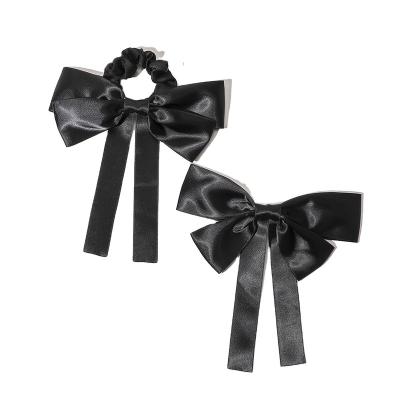 China QIYUE Hair Decoration Shape Black Hair Bow Scrunchies With Silk Ribbon For Girls Boutique Quality Hair Accessories for sale