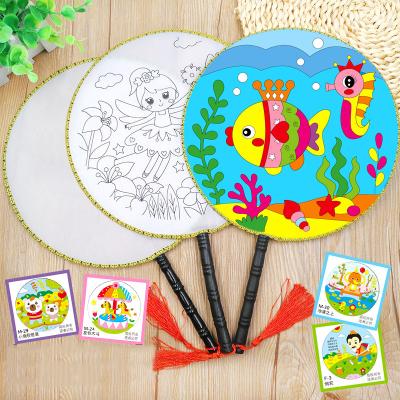 China Bamboo Handle + Thickened Silk Fan Custom Personalized Children's Hand Silk Fan DIY Toy Vintage Painting Blank Round for sale