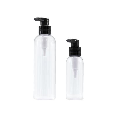 China Used in milky products such as body lotion and shampoo packaging materials 75-250ML cosmetic empty bottles PET transparent round shoulder press shampoo shower gel plastic bottle for sale