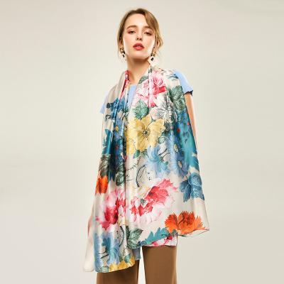 China Hot Sale Fashion Classic Long Printed Silk Lady Design Peony Satin Scarf Versatile Two Color Shawl for sale