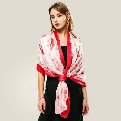 China New Fashion Long Satin Leaf Pattern Soft Silk Scarf Soft Comfortable Long Shawl Scarves for sale