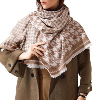 China OEM Checked Cozy Winter Cashmere Knitted Checked Tassel Shawl Women Custom Designer Scarf for sale