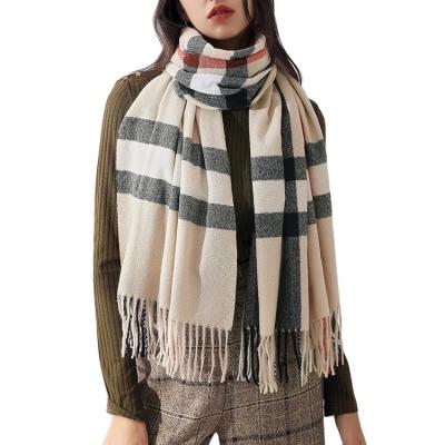 China Autumn Winter New Arrival Women Soft Comfortable Checked Scarf Checked Tassel Knitted Cashmere Scarf for sale