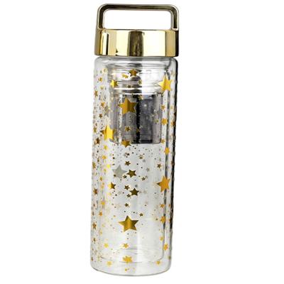 China New Double Wall Tumbler 400ml Viable Customizable Glass Tea Infuser Glass Water Bottle With Handle Lid With Glitter Decal for sale