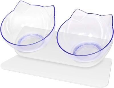 China Wholesale Transparent Cat Raised Bowl Elevated Plastic Stocked 15 Degree Bevel Protect Spine Cervical Double Cat Food Bowl for sale