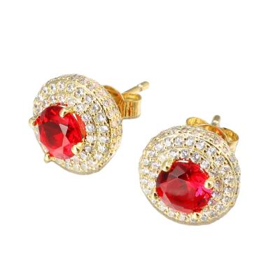 China Hiphop Jewelry Gold Earrings Pave Red CZ Diamond Stud Earrings Stud Earrings for sale