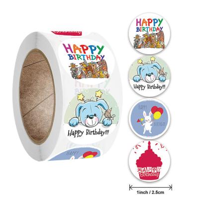 China Waterproof 1 Inch Rounded Cute Cartoon Rabbit Dog Happy Birthday Gift Cute Round Sticker for sale