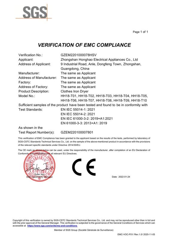 CE - Zhongshan Honghao Electrical Appliances Co., Ltd.