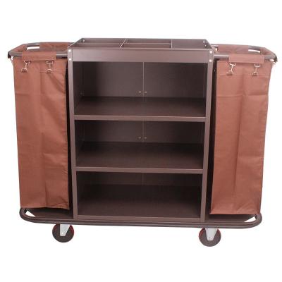 China Brown Housekeeping Trolley Hotel Cleaning Supplies Metal Housekeeping Cart for sale