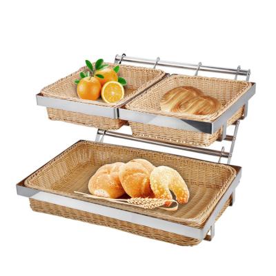 China 2 Tier Fruit Display Stand met Rattan Bread Basket Set Buffet Risers Food Display Stands Te koop