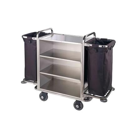 China Stainless Steel Housekeeping Trolley Folding Service Cleaning Cart for sale