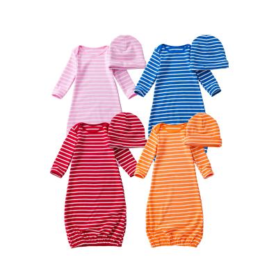 China Wholesale 2PCS Baby Cotton Breathable Newborn Stripe Printing Unisex Long Sleeve Sleeper Dress Hat Bandage for sale