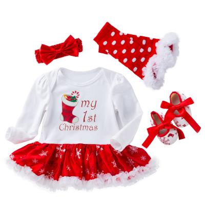 China Babany Breathable Bebe Newborn Baby My First Christmas Girls Outfits Print Romper Dress 4pcs for sale