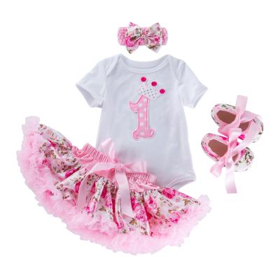 China Breathable Babany Babies Birthday Outfit Baby Short Sleeve Clothing Set Printed Cotton Romper Dress 4Pcs for sale