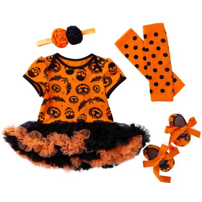 China Breathable Newborn Babies Baby Sleeve Babany Print Halloween Outfit Cotton Romper Short Dress 4Pcs for sale