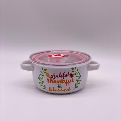 China Sustainable Microwavable Round Decal Porcelain Ceramic Bowl With Lid With Two Handle for sale