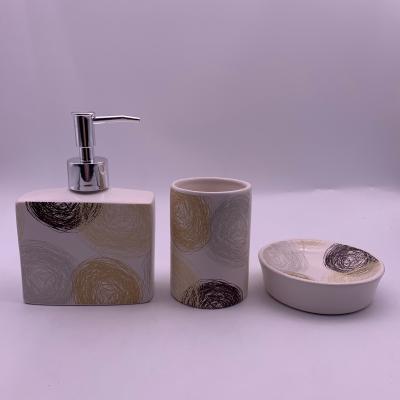 China Viable 3pcs Ceramic Bath Accessories Set Include Lotion Dispenser Tumbler Soap Dish Hotel Bathroom Accessories Gift Bath Set for sale