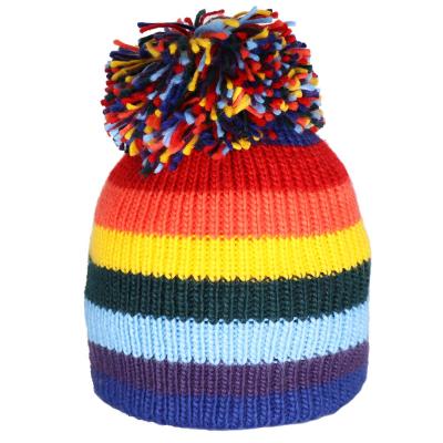 China JOINT Custom Knit Striped Beanie Hat With Pompom , Loose Beanie Knitted Hat for sale