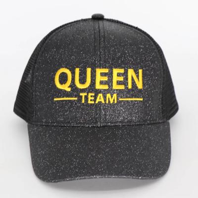 China Fashion 6 Panel Embroidery Glitter Trucker Mesh COMMON Hat , Glitter Mesh Baseball Cap for sale