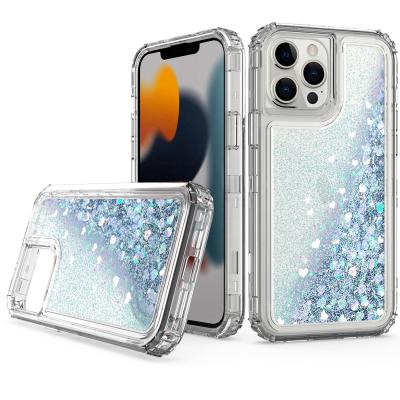 China Shockproof Shine Shadow Quicksand Mobile Phone Case Color Heart Glitter Three-in-One Cell Phone Case For iPhone 13 promax for sale