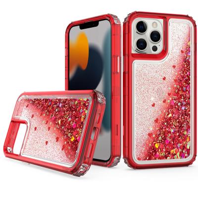 China 2021 Shockproof Glow Shadow Quicksand Mobile Phone Case Color Heart Glitter Three-in-One Cell Phone Case For iPhone 13 promax for sale