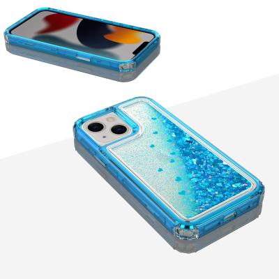 China Shockproof Shine Shadow Quicksand Mobile Phone Case Color Heart Glitter Three-in-One Cell Phone Case For iPhone 13 promax for sale