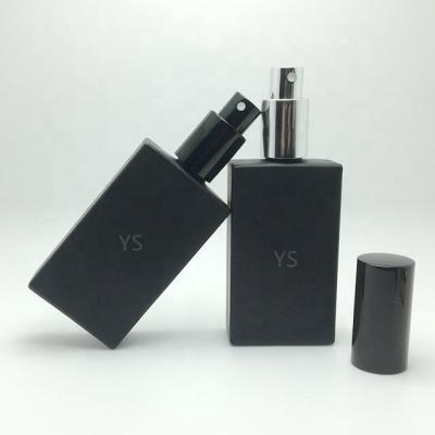 China Personal Care Cosmetic Flat Square Matte Black Refillable Glass Perfume Spray Bottle 30ml 50ml 100ml for sale