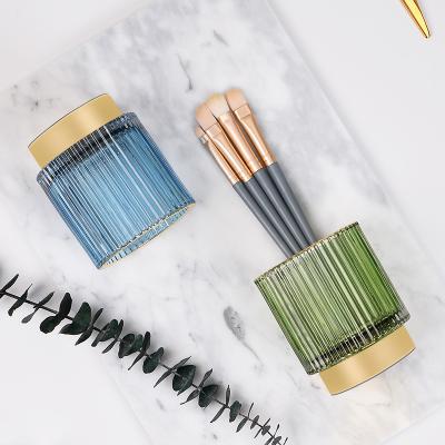 China Wholesale Viable Nordic Glass Bucket Makeup Brush Pen Holder Storage Jar Cup Green Pot Wind Vase Desktop Storage Box for sale