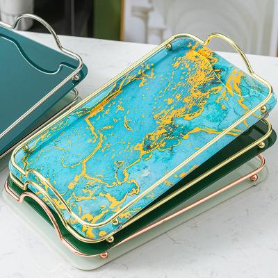 China Durable Luxury Modern Home Gold Handle Table Decoration Blue Glass Tray Decorative Serving Tray for sale