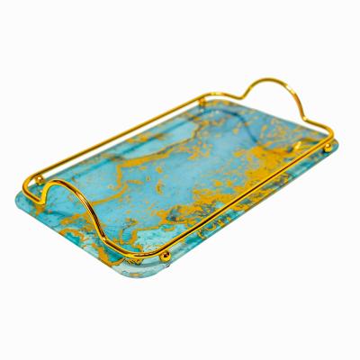 China Durable Luxury Modern Home Decoration Gold Handle Decorative Blue Glass Table Serving Tray for sale