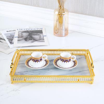 China 2022 Durable Gold Body Tray With Metal Handle Perfume Vanity Tray For Make Up Organizator Glass Crystal Trays for sale